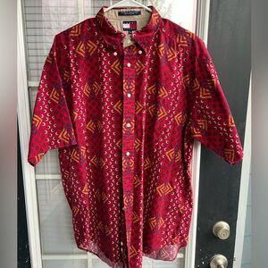 Vintage Tommy Hilfiger Mens XL Button-Down Shirt – Red Geometric 90s Pattern